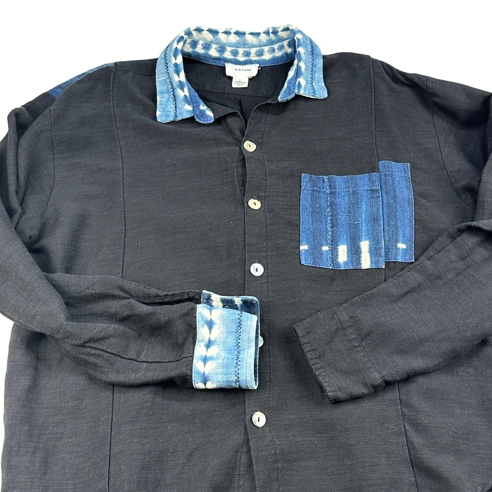 RG Kane Womens Black Indigo Patchwork Shibori Linen Blend Shirt Med USA, RARE‎